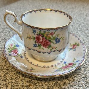 Two Royal Albert England China Tea Cups and Saucers Petit Point Cross Stitch
